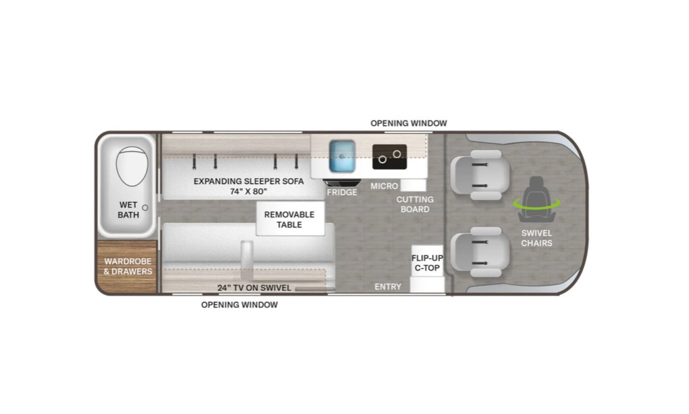 RV rental floor plan: efficient interior with wet bath, kitchen, expanding bed, and swivel chairs shown.