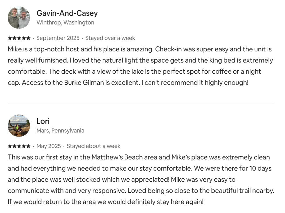 Excellent RV rental customer reviews; guests praise Mike's hosting, amenities like lake views, and nearby trails.