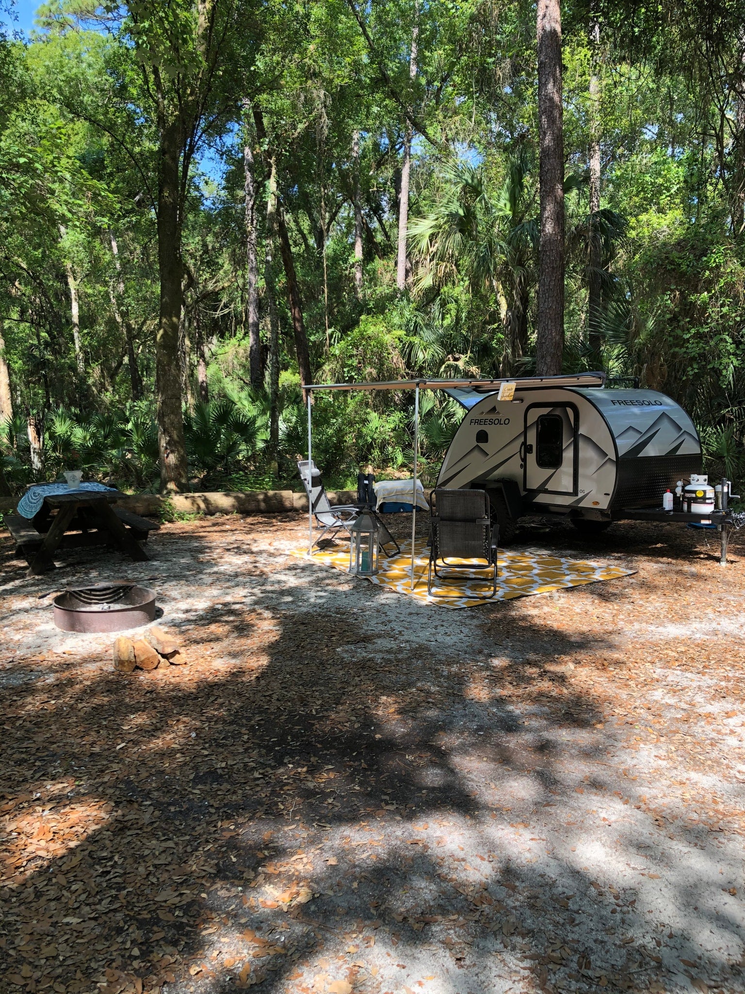 Scenic rv rental campsite with a Freesolo teardrop trailer, picnic table, and fire pit nestled in nature.