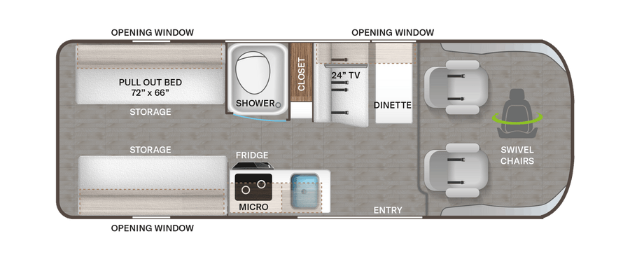 RV rental floor plan: Compact camper layout featuring a pull-out bed, shower, kitchen, dinette, and swivel chairs.