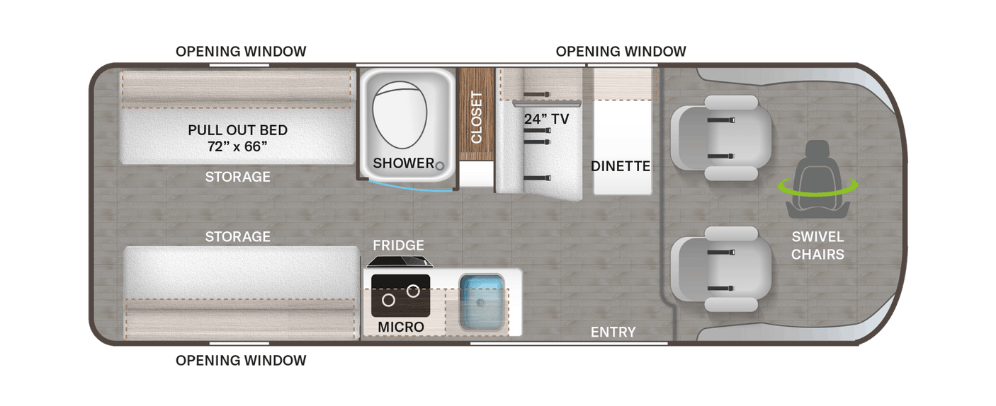 RV rental floor plan: Compact camper layout featuring a pull-out bed, shower, kitchen, dinette, and swivel chairs.