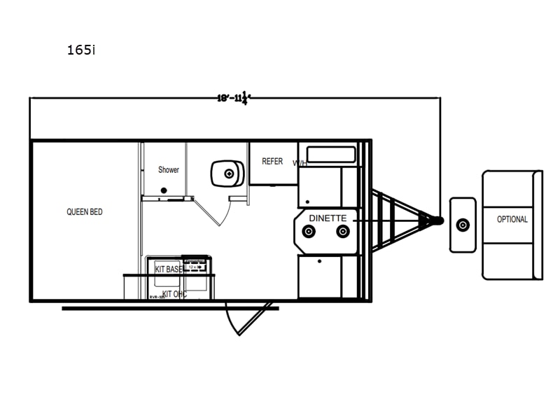 ideal for your next RV rental adventure. Ready to hit the open road!|This RV rental 165i floor plan shows a travel trailer's interior: queen bed