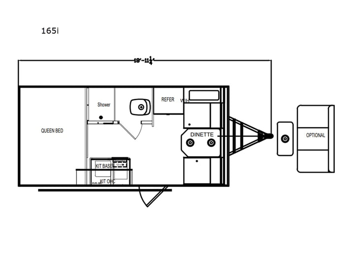 ideal for your next RV rental adventure. Ready to hit the open road!|This RV rental 165i floor plan shows a travel trailer's interior: queen bed