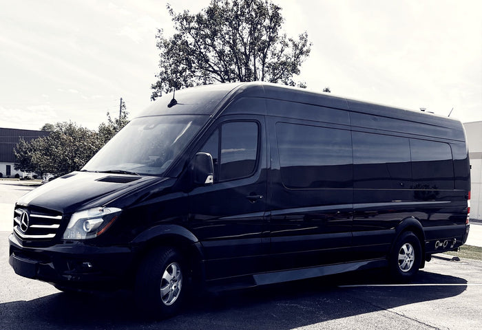 perfect for RV rental adventures or luxury group travel.|Black Mercedes Sprinter luxury van available for RV rental