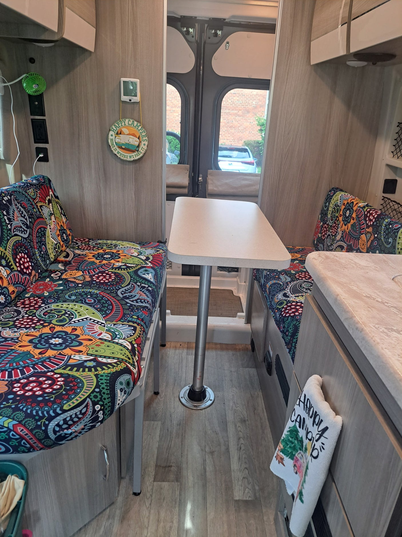and fridge for trips.|An rv rental's interior