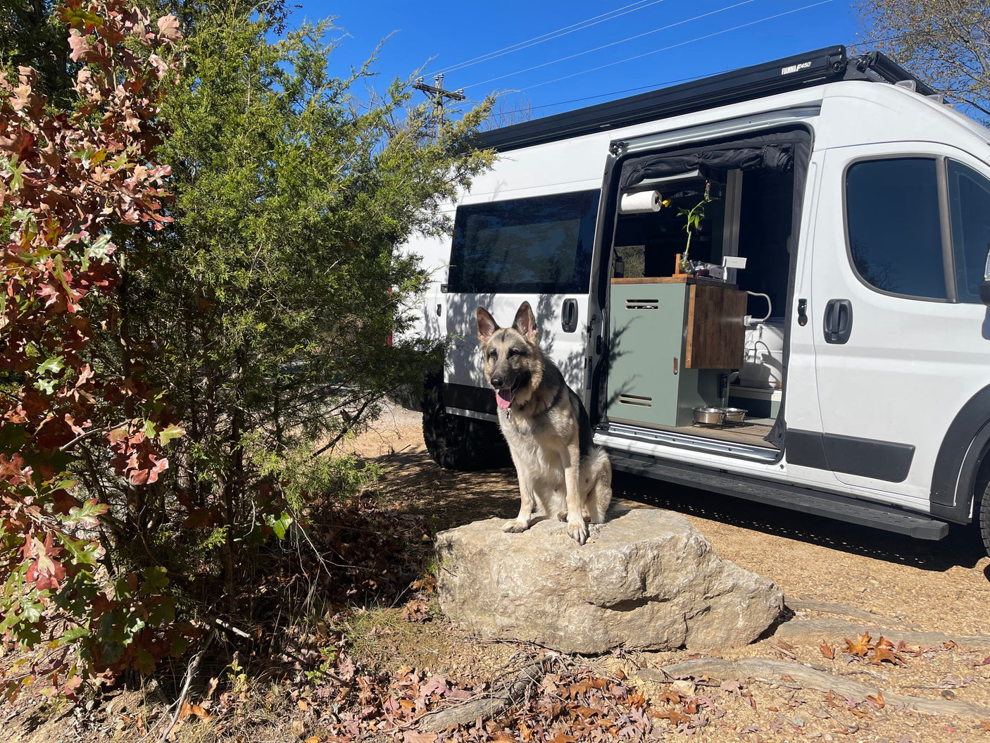 sink & appliances. Versatile interior with bed and seating.|Sleek RV rental interior: kitchen with induction hob