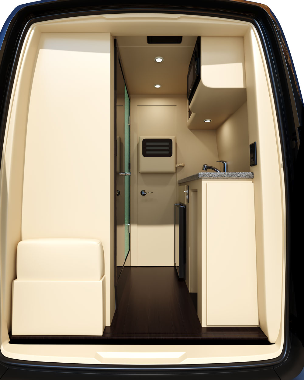 showing a beach and ocean outside.|Luxury RV rental interior with plush cream seating