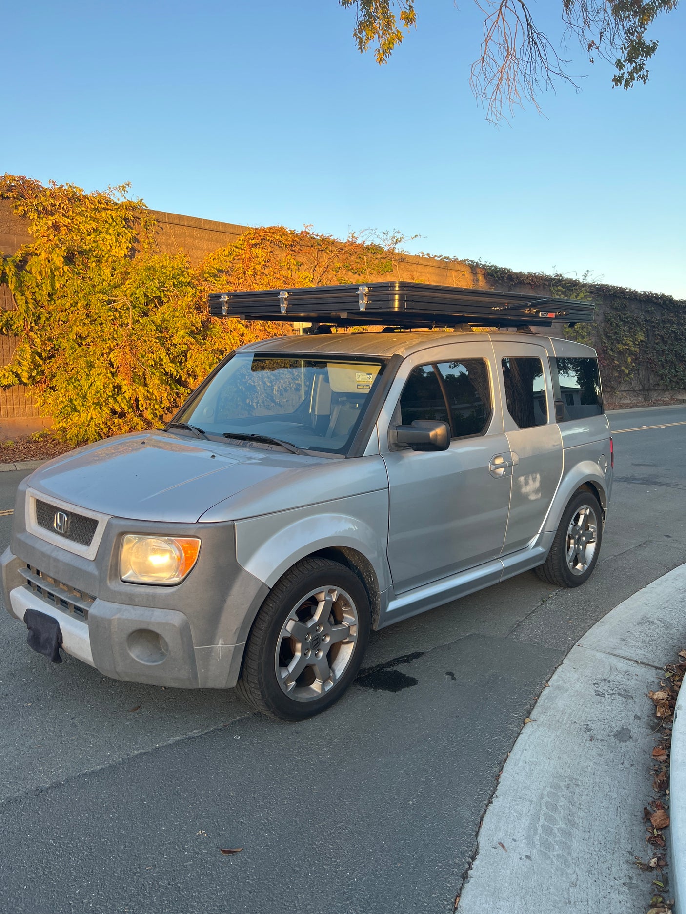 Silver Honda Element with rooftop tent, a compact RV rental alternative, parked by a vine wall for camping.