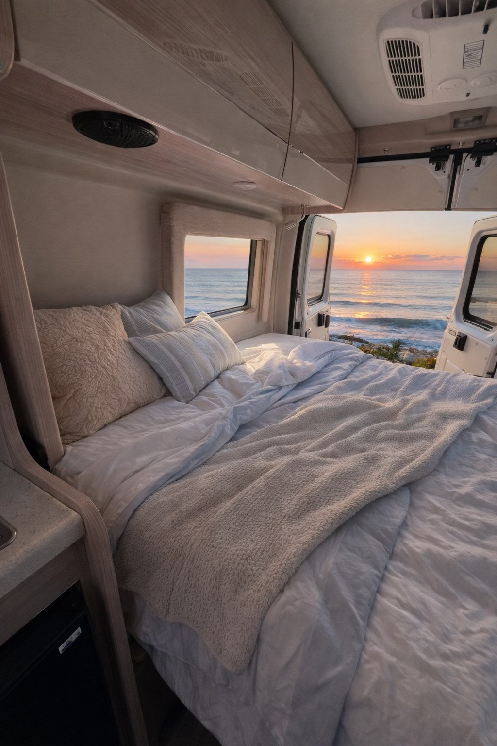 parked on a dirt road under a starry night sky with a full moon & mountains.|Modern RV rental camper van interior. Features a sleek kitchen with induction cooktop