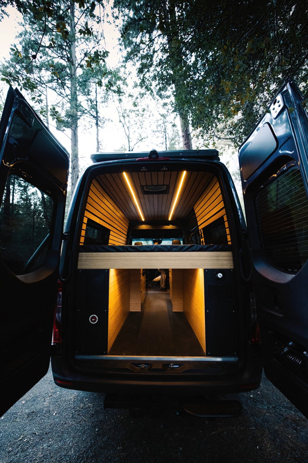 Spacious converted RV rental van interior, viewed from the rear, with warm lighting, bed, and ample storage. Parked in nature.