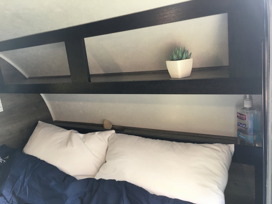 An RV rental's cozy bedroom features a bed with white pillows & blue blanket, plus overhead storage with a plant & Purell.