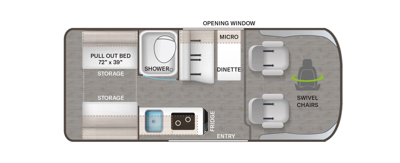 RV rental floor plan: Compact layout features pull-out bed, shower, dinette, kitchen, and swivel front seats.