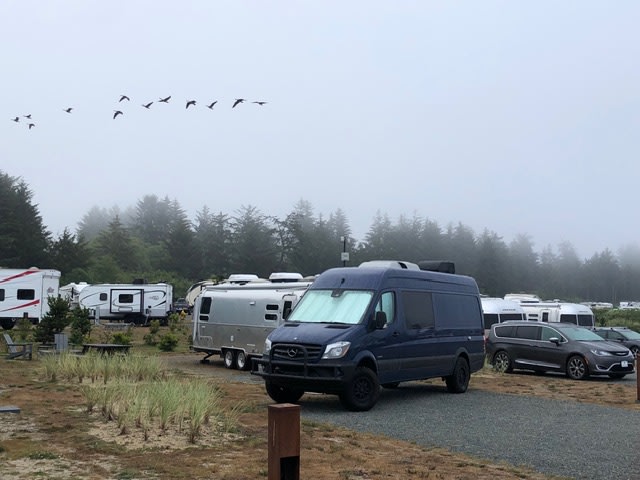 Misty RV campground: a dark blue camper van parked among trailers with a forest backdrop & birds flying. Ideal RV rental trip. — photo 4