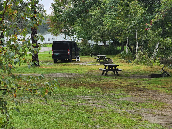 surrounded by trees and distant white buildings.|Black RV rental van parked lakeside on a grassy campsite with trees