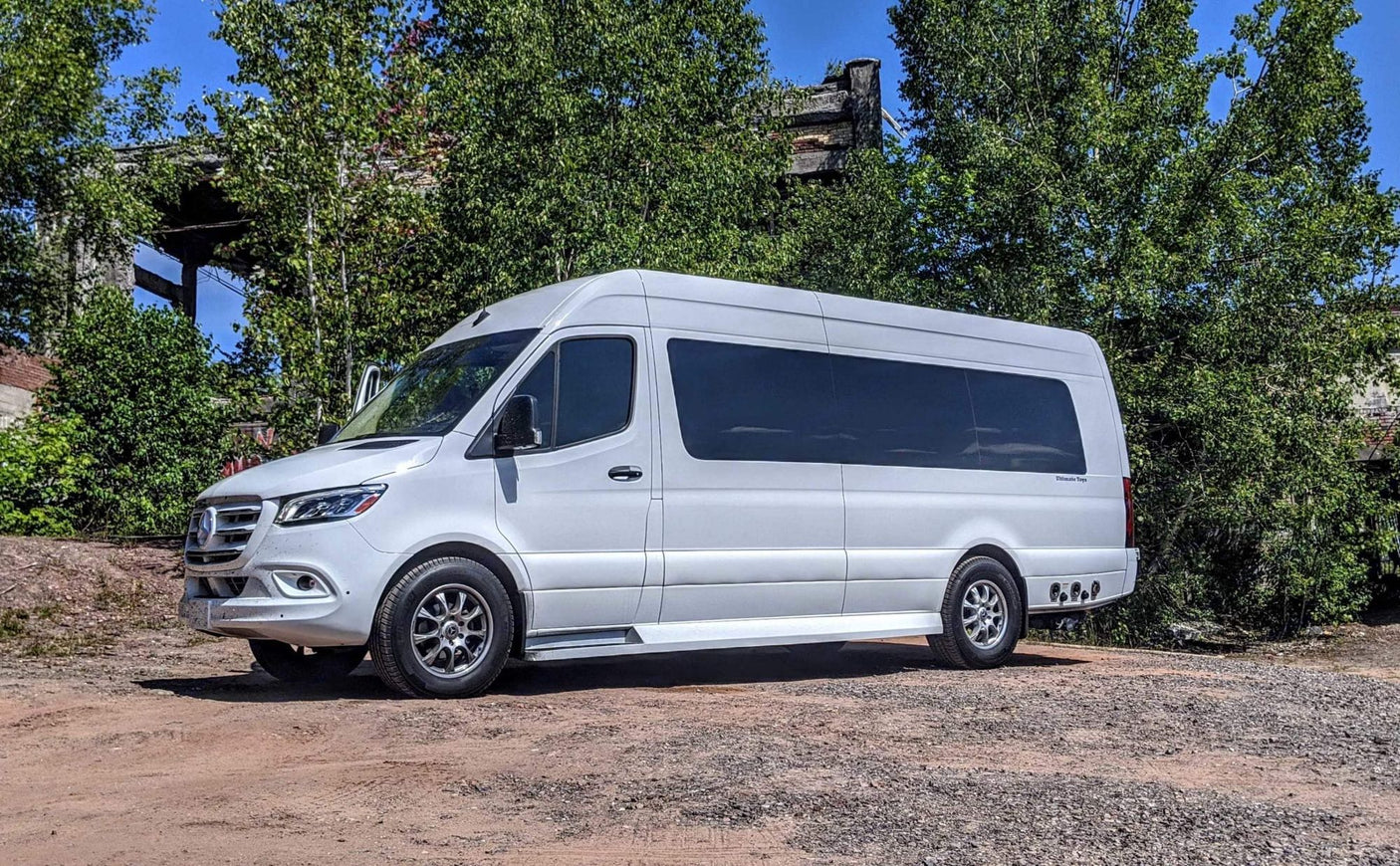 This sleek white Mercedes Sprinter van