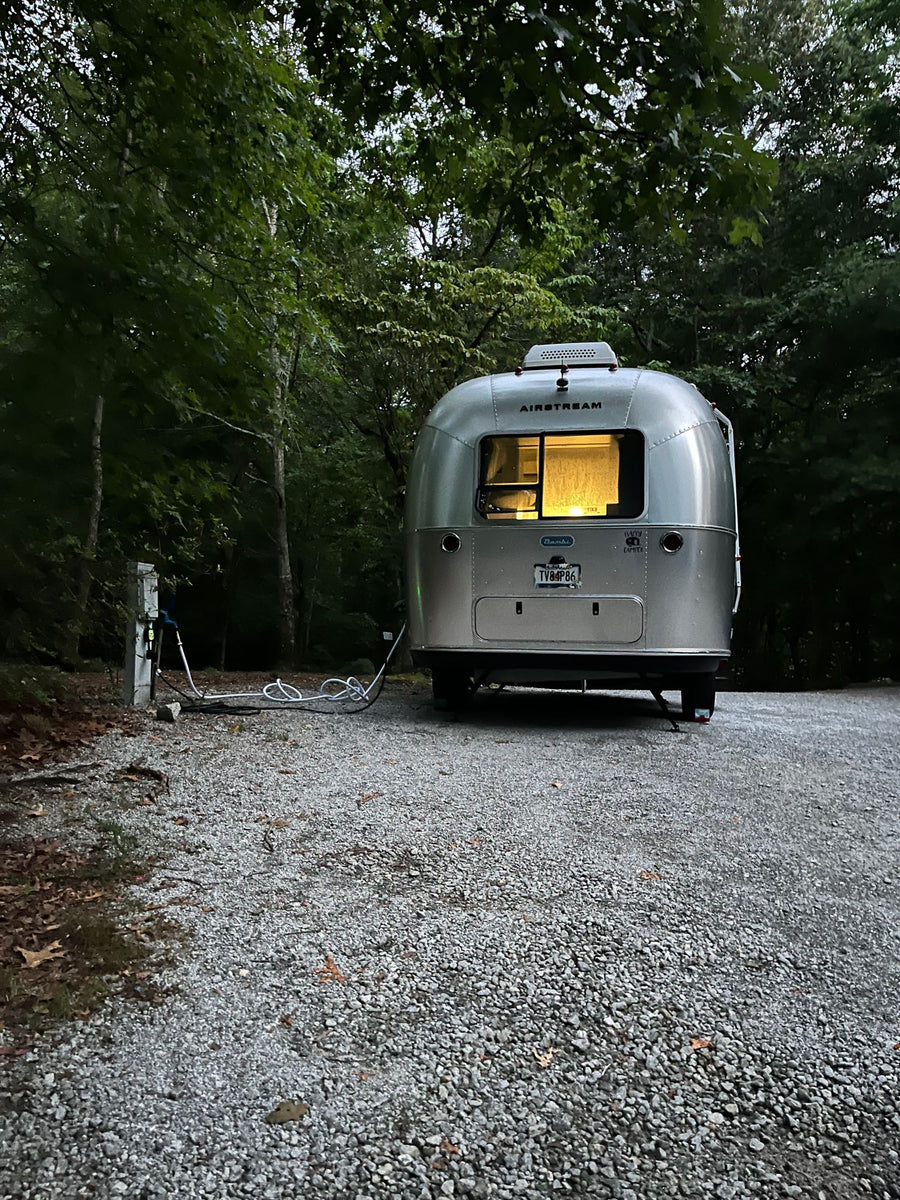 wooded campsite.|A sleek Airstream rv rental glows softly inside
