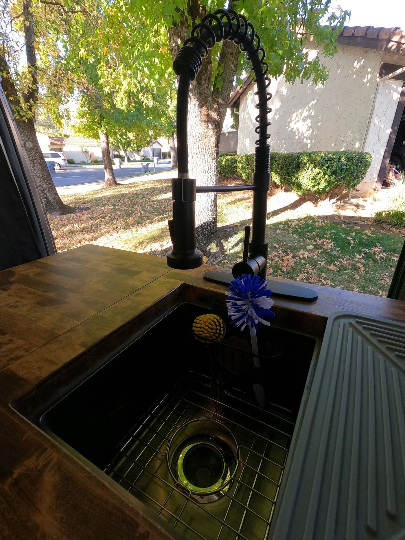 RV rental: Modern kitchen sink with black gooseneck faucet, wood counter, and brushes. Fall trees visible from the window. — photo 20