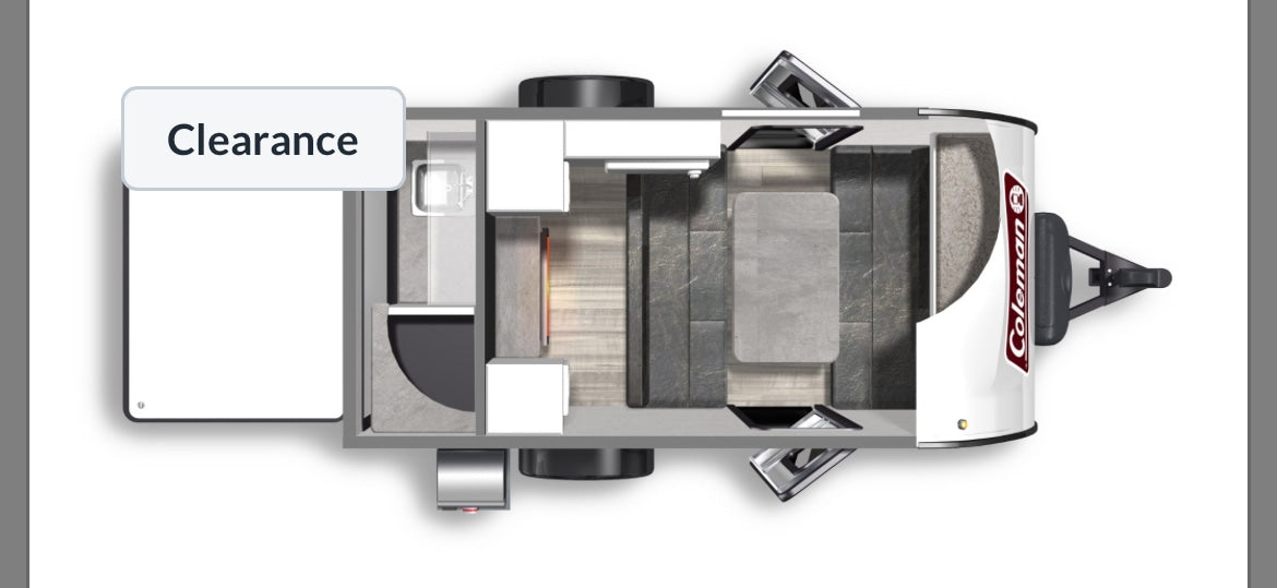 RV rental: Overhead floor plan of a travel trailer, showing interior kitchen, dining, and convertible sleeping areas.