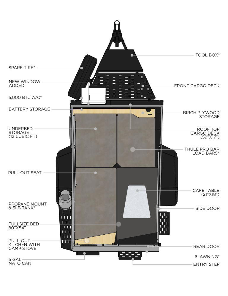 Explore this RV rental's detailed interior and exterior layout, featuring a full-size bed, pull-out kitchen, and ample storage.