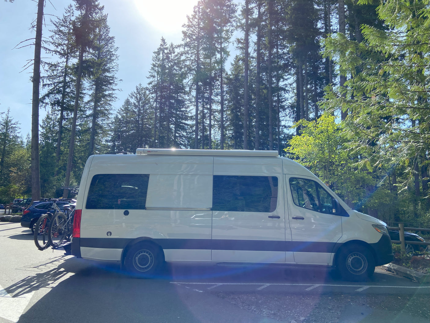 White camper van (RV rental) with bikes, parked in a sunny lot surrounded by tall forest trees.
