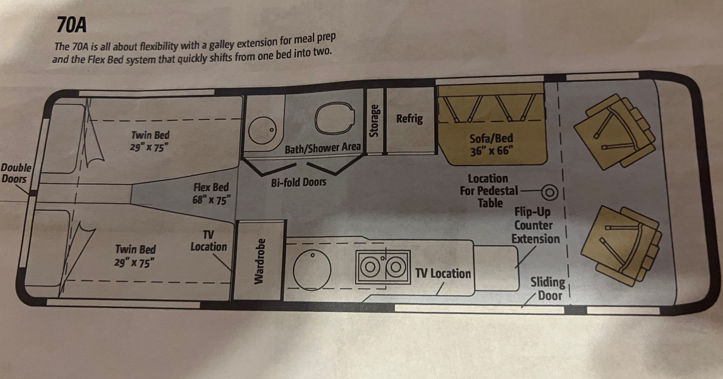 with a view of a car and trees through the rear windows.|Inside an RV rental: Beige leather bench seat with multiple black seatbelts and patterned wood-look flooring.|Inside this RV rental