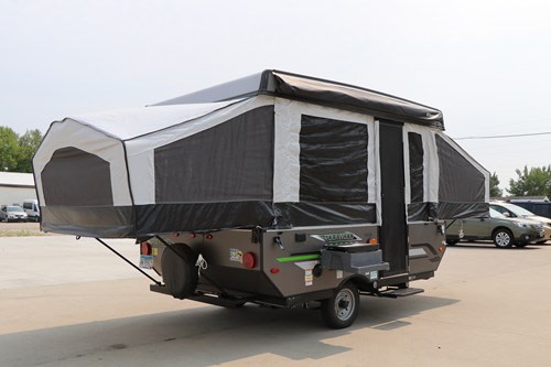 ready for camping adventures.|This pop-up camper RV rental offers a compact