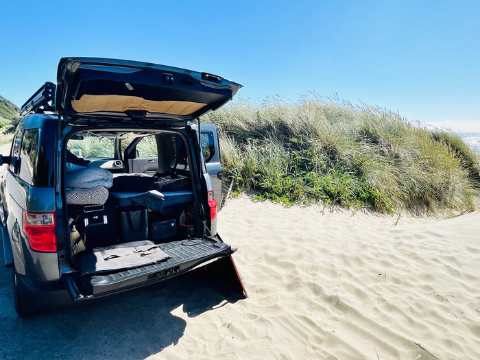 Parked on a sandy beach, this customized **rv rental** SUV has its tailgate open, showing a bed setup & camping gear.