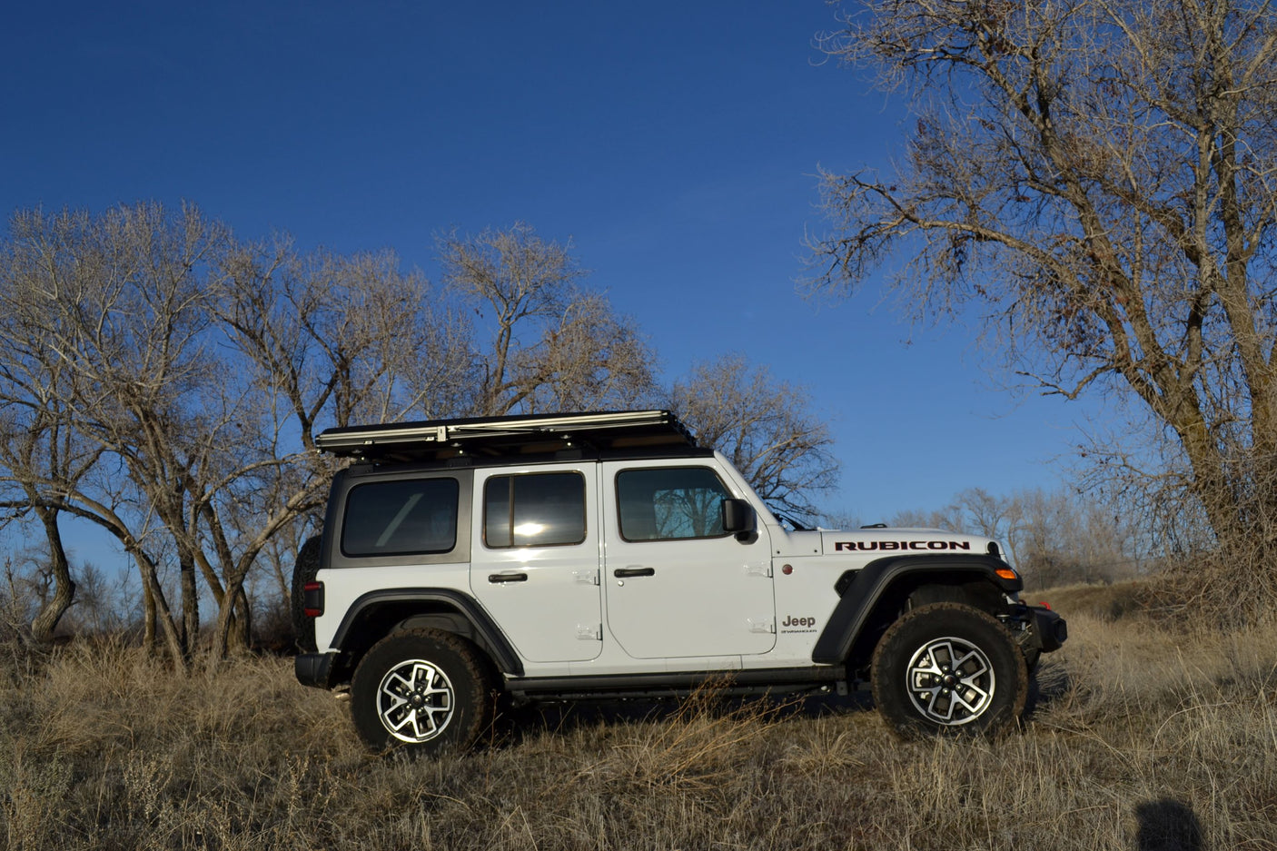 A white Jeep Wrangler Rubicon with rooftop tent in a field; an ideal option for an RV rental adventure.