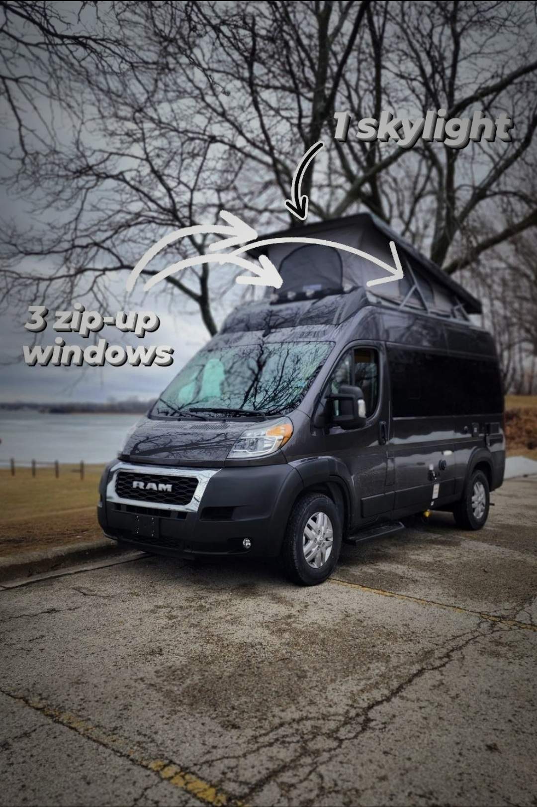designed for one-way adventures on dirt roads.|A dark gray Scope RV