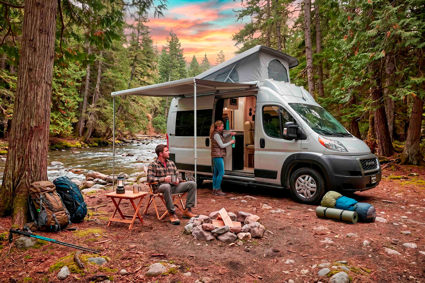 Enjoy your RV rental adventure! A couple relaxes by a river with their camper van, campfire, and hiking gear at sunset.