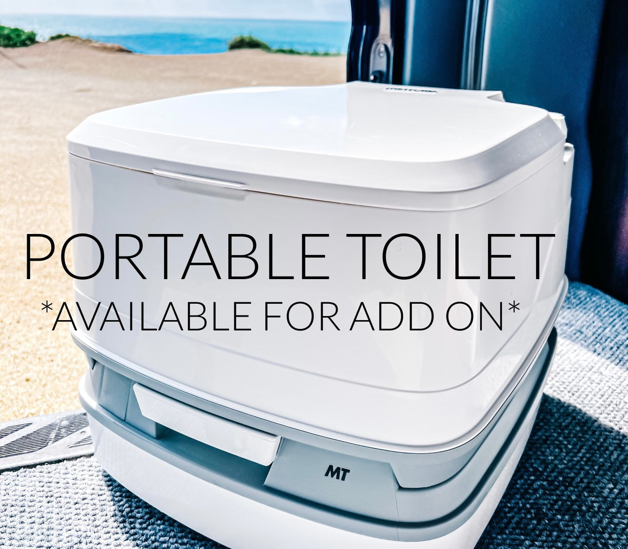 White portable toilet, an RV rental add-on. Essential for camping and travel comfort on your adventure.