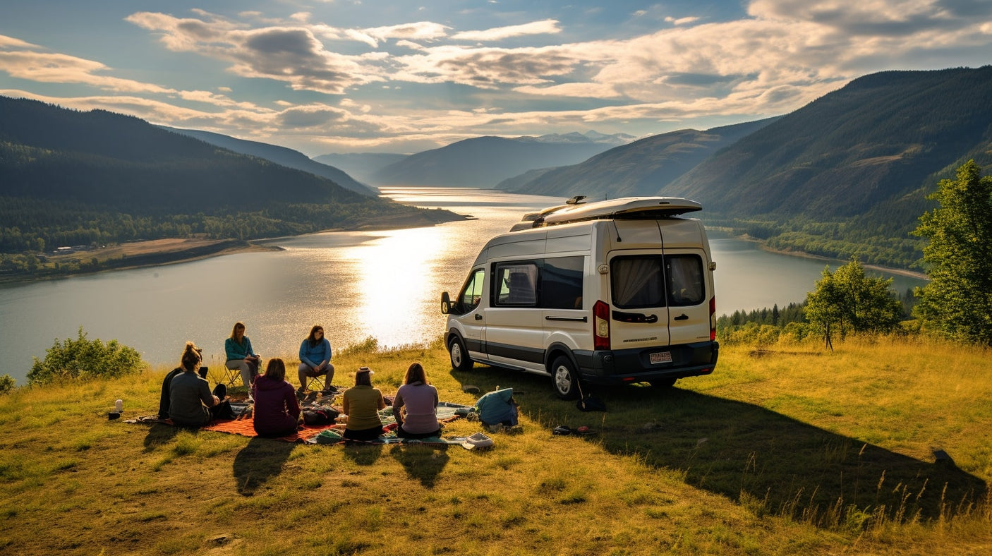 Group enjoys a breathtaking mountain lake sunset from a grassy hill, alongside their RV rental. Ideal for outdoor adventures.