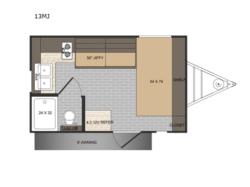 and gravel ground.|RV rental ready for adventure: A Sun Lite travel trailer and blue SUV parked in a vast green field under an overcast sky.|Compact 13MJ RV rental floor plan
