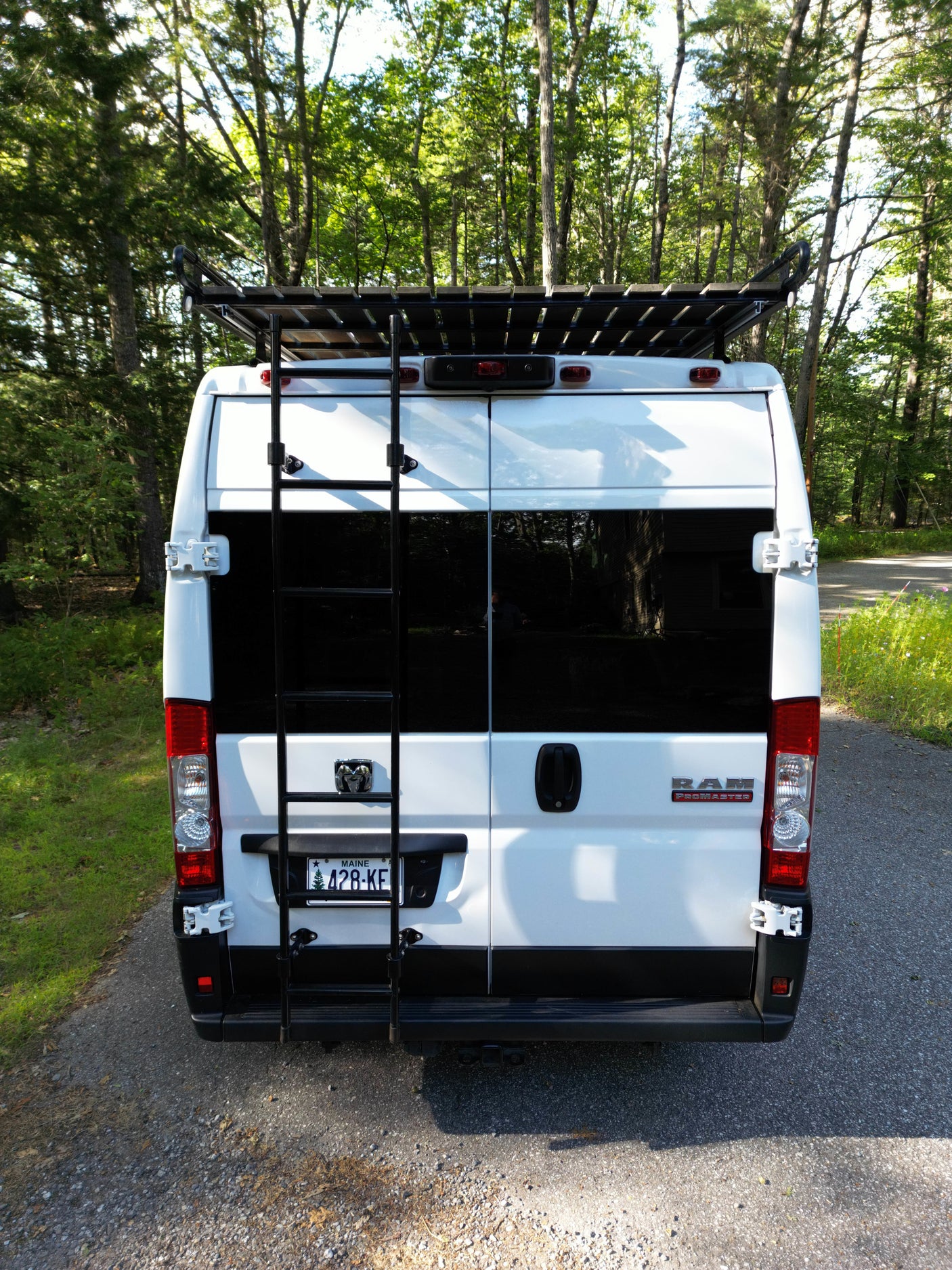 White Ram ProMaster camper van, an ideal RV rental, equipped with a roof rack and rear ladder for outdoor exploration.