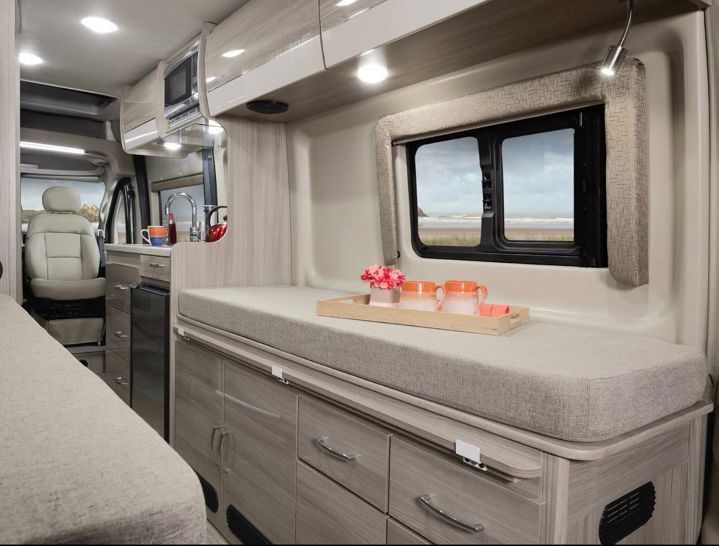 with driver's cabin visible.|Inside a well-appointed rv rental