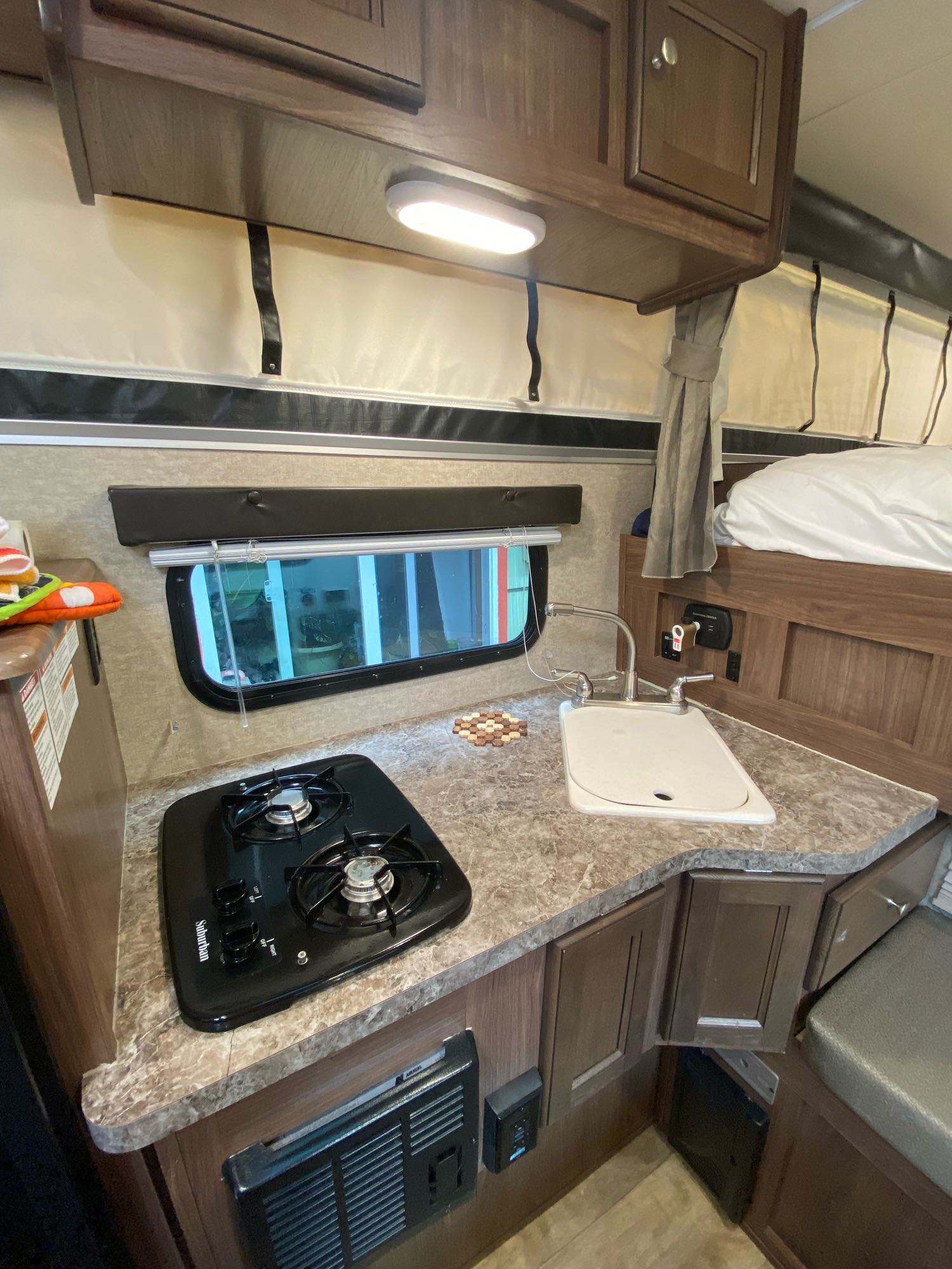 blue/green pillows. Ready for your glamping trip!|This white truck