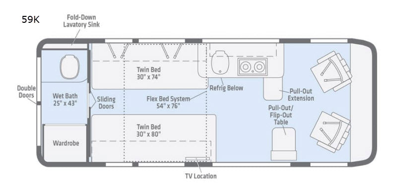 This RV rental floor plan (59K) illustrates a compact interior layout with a wet bath, convertible twin beds, kitchen, and dining space.
