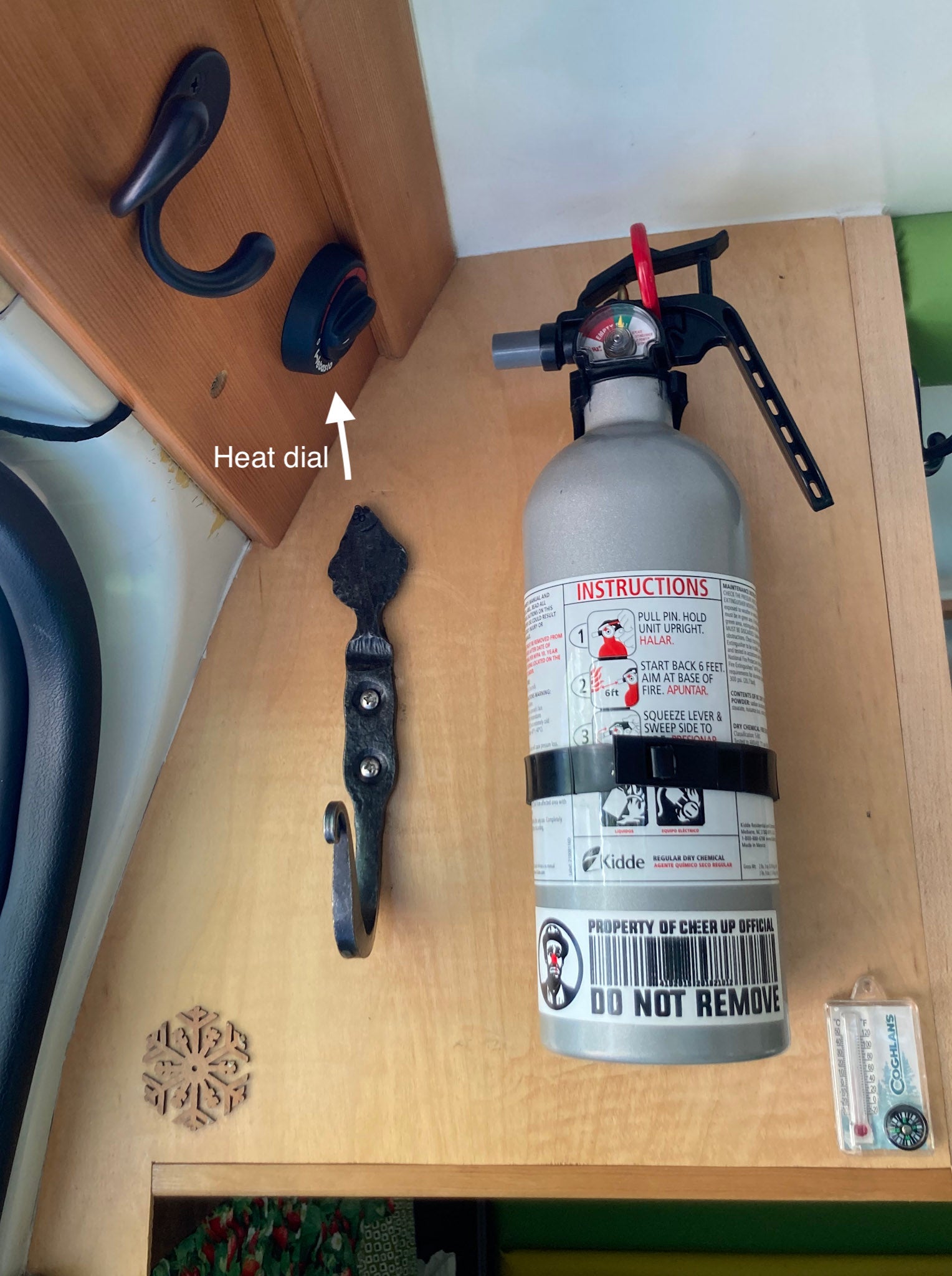 Stay safe & comfortable in your RV rental with an accessible fire extinguisher, heat dial, and thermometer.