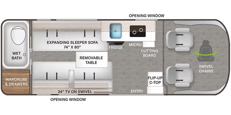 with green chairs and the RV's open door in the background.|Inside a modern **rv rental**: kitchen prep in a compact