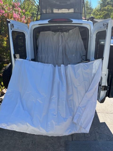White SUV with a spacious tailgate tent for privacy, expanding outdoor living for an RV rental experience.