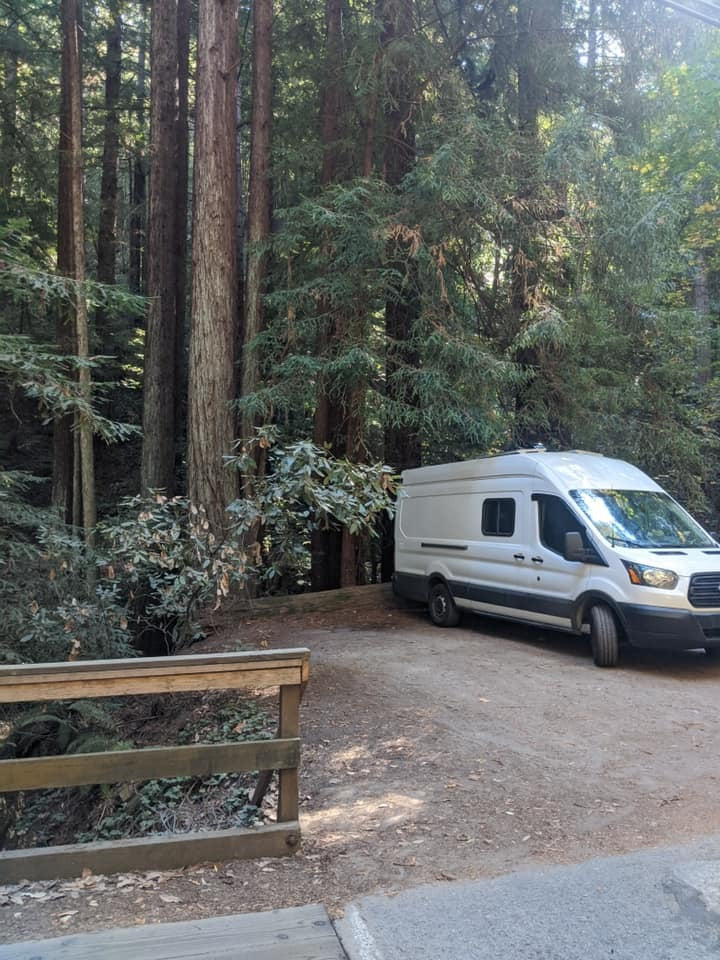 White camper van RV rental parked in a majestic redwood forest. Your adventure begins!