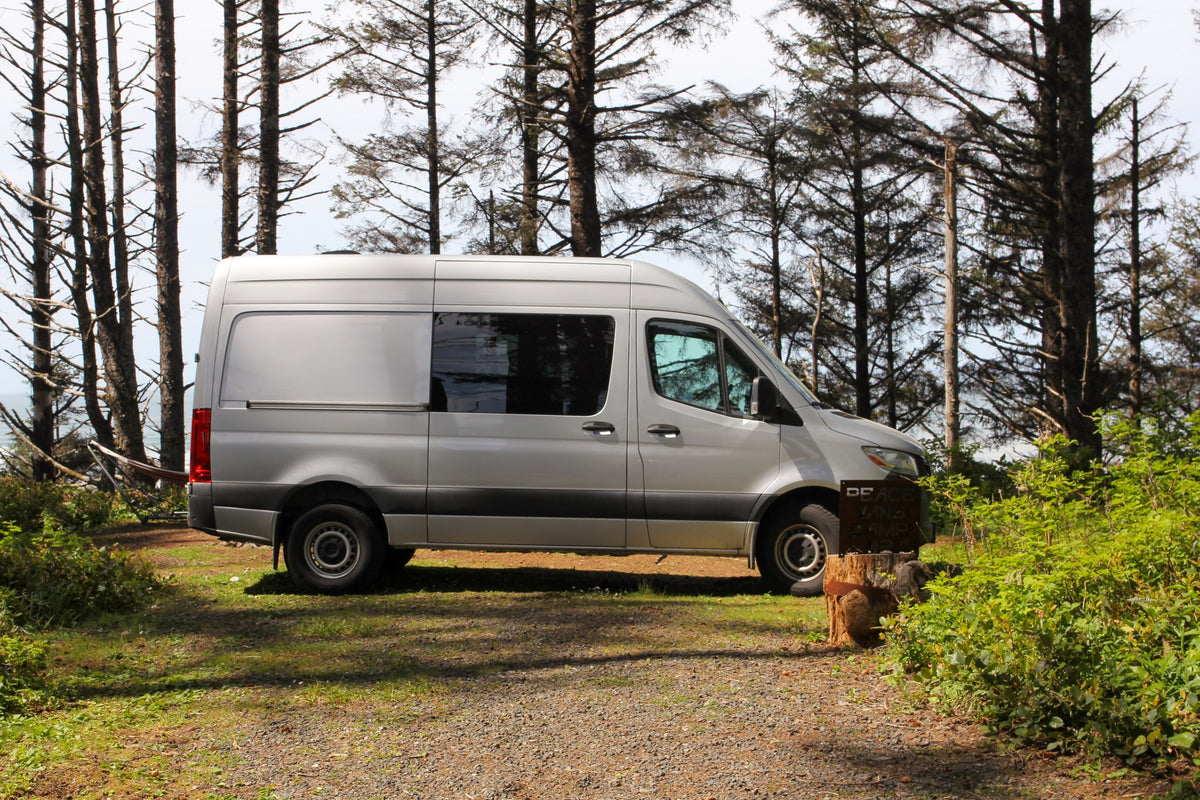 Silver Sprinter camper van parked among coastal trees at a 'Peace Vans Camp' site, perfect for RV rental adventures.