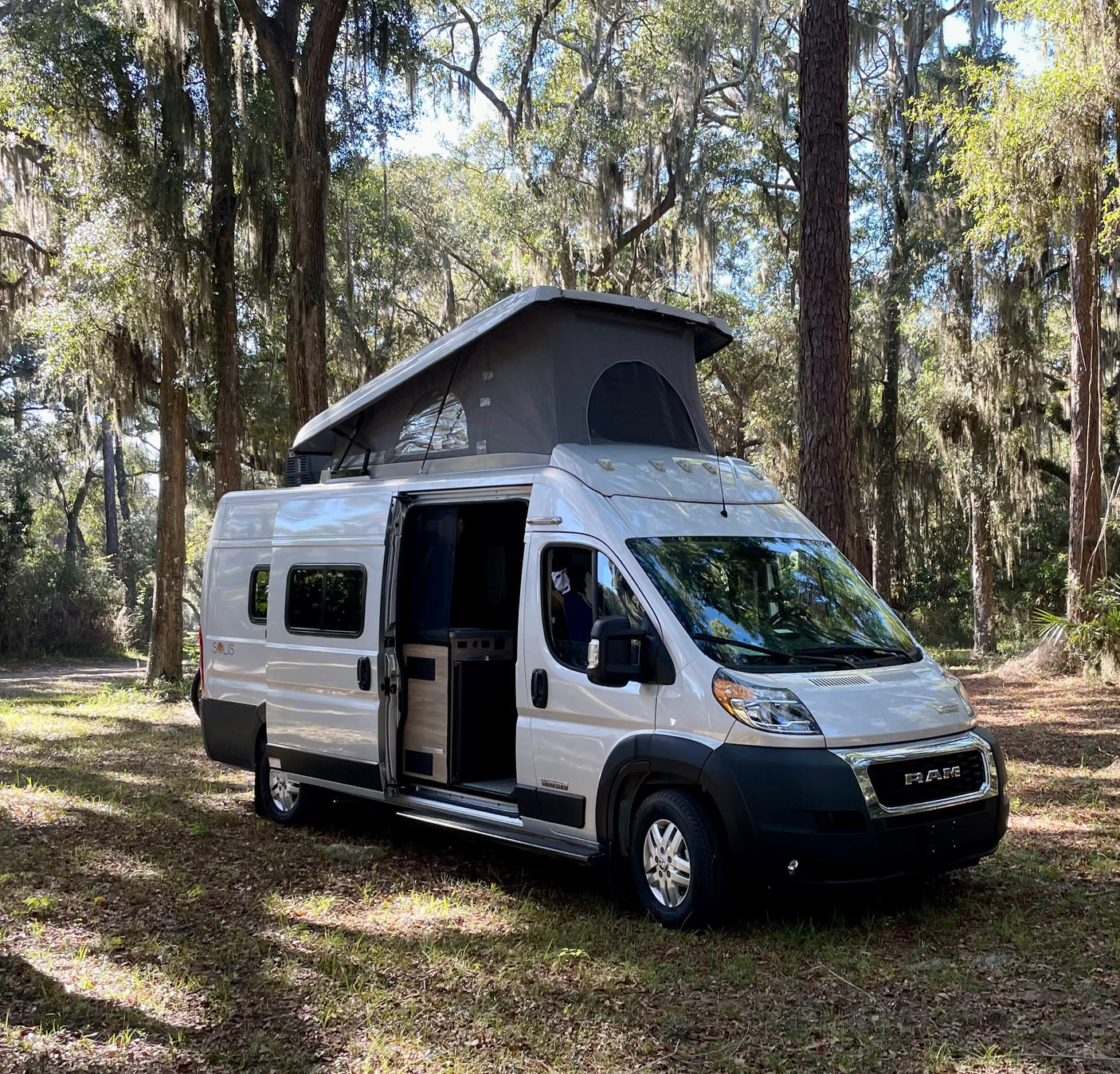 Ready for adventure! White pop-top camper van rv rental parked in a serene forest with Spanish moss hanging from trees.