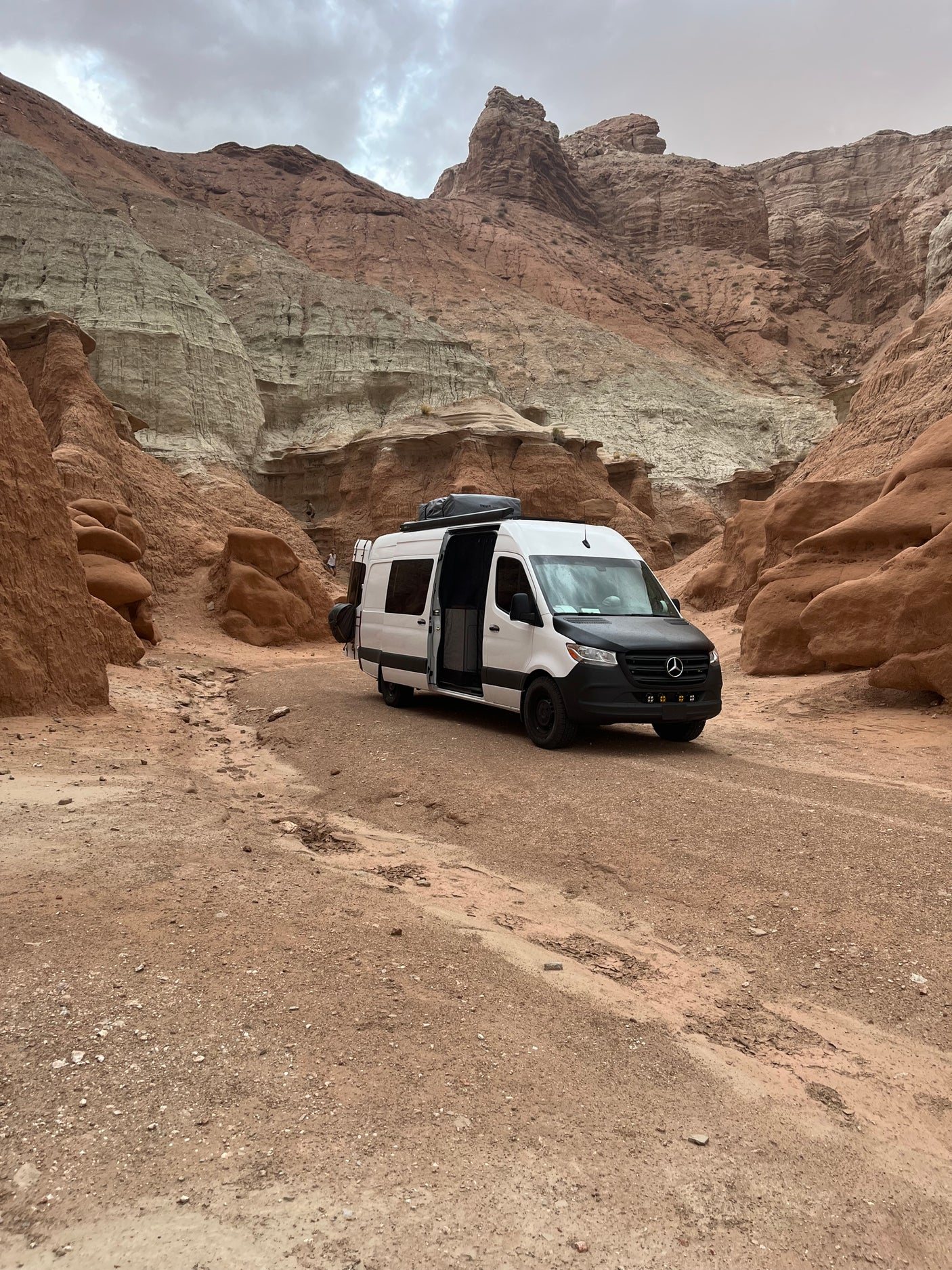 An rv rental camper van on a dirt road in a colorful red rock canyon, ready for off-grid adventure travel.