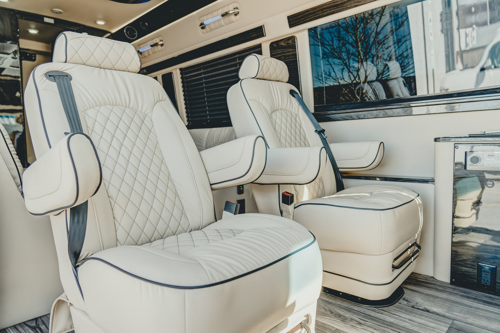 ideal for travel.|Inside a Mercedes-Benz RV rental: a detailed view of the steering wheel