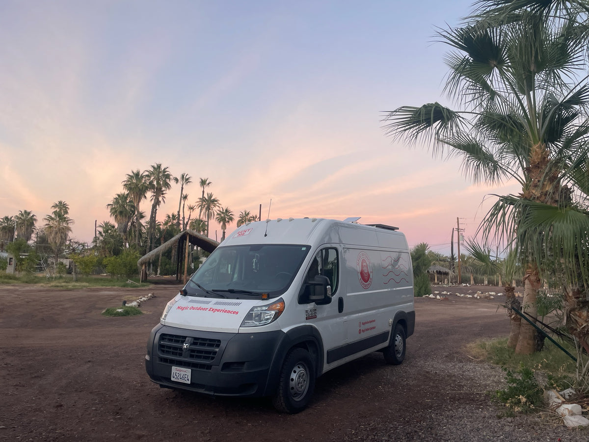perfect for adventure.|White Magic Outdoor Experiences RV rental van at sunset