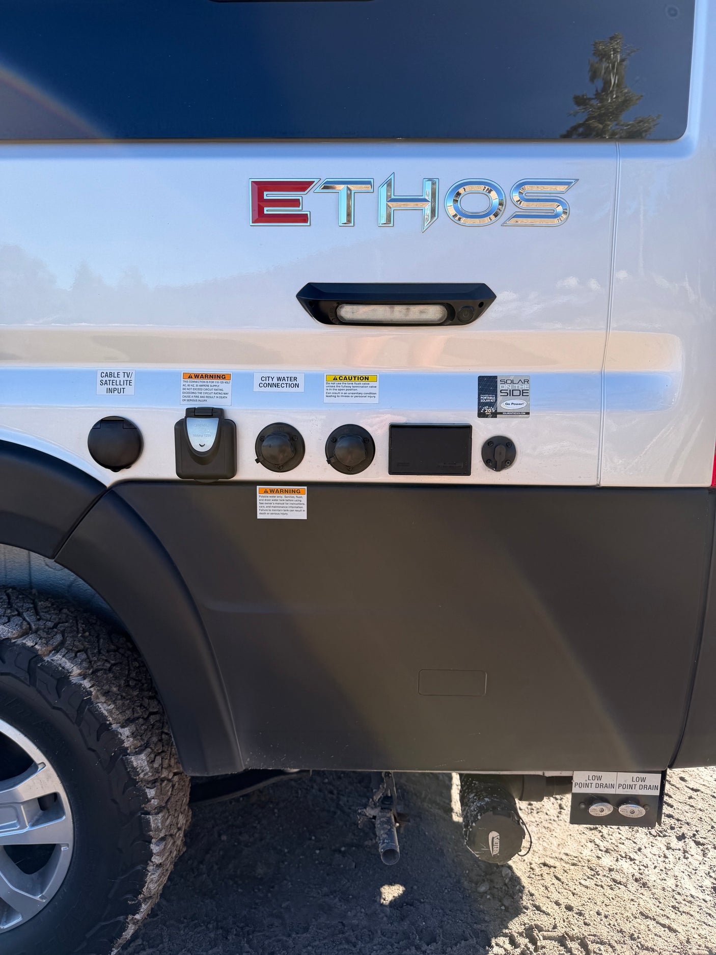ETHOS RV rental utility panel: Power, city water, cable/satellite, solar connections, and low point drains for maintenance.