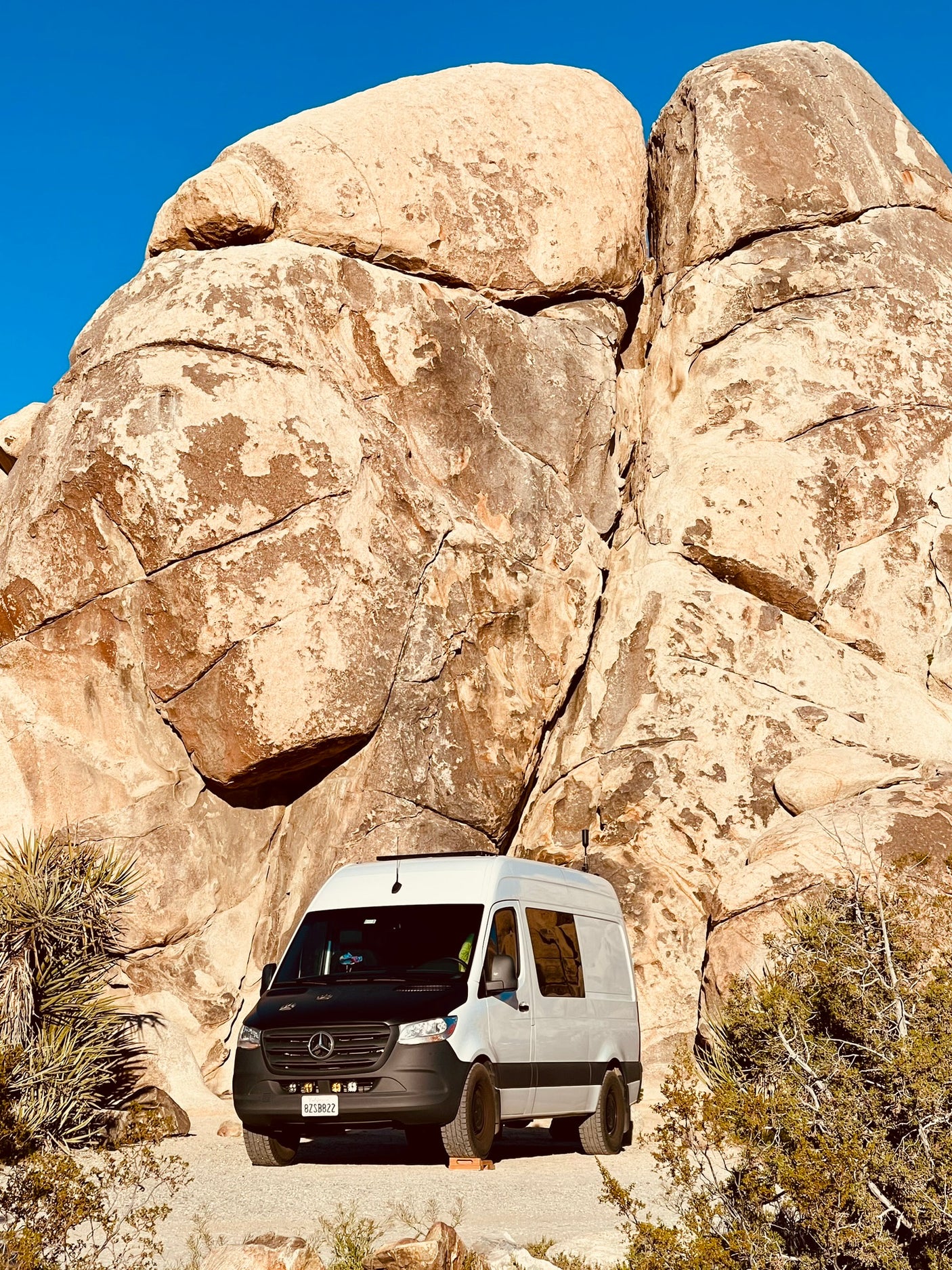 RV rental: White camper van parked by immense boulders and desert plants under clear blue sky, ideal for off-grid adventures.