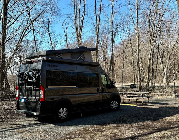 surrounded by bare trees.|Cozy evening at the rv rental campsite. Pop-top camper van