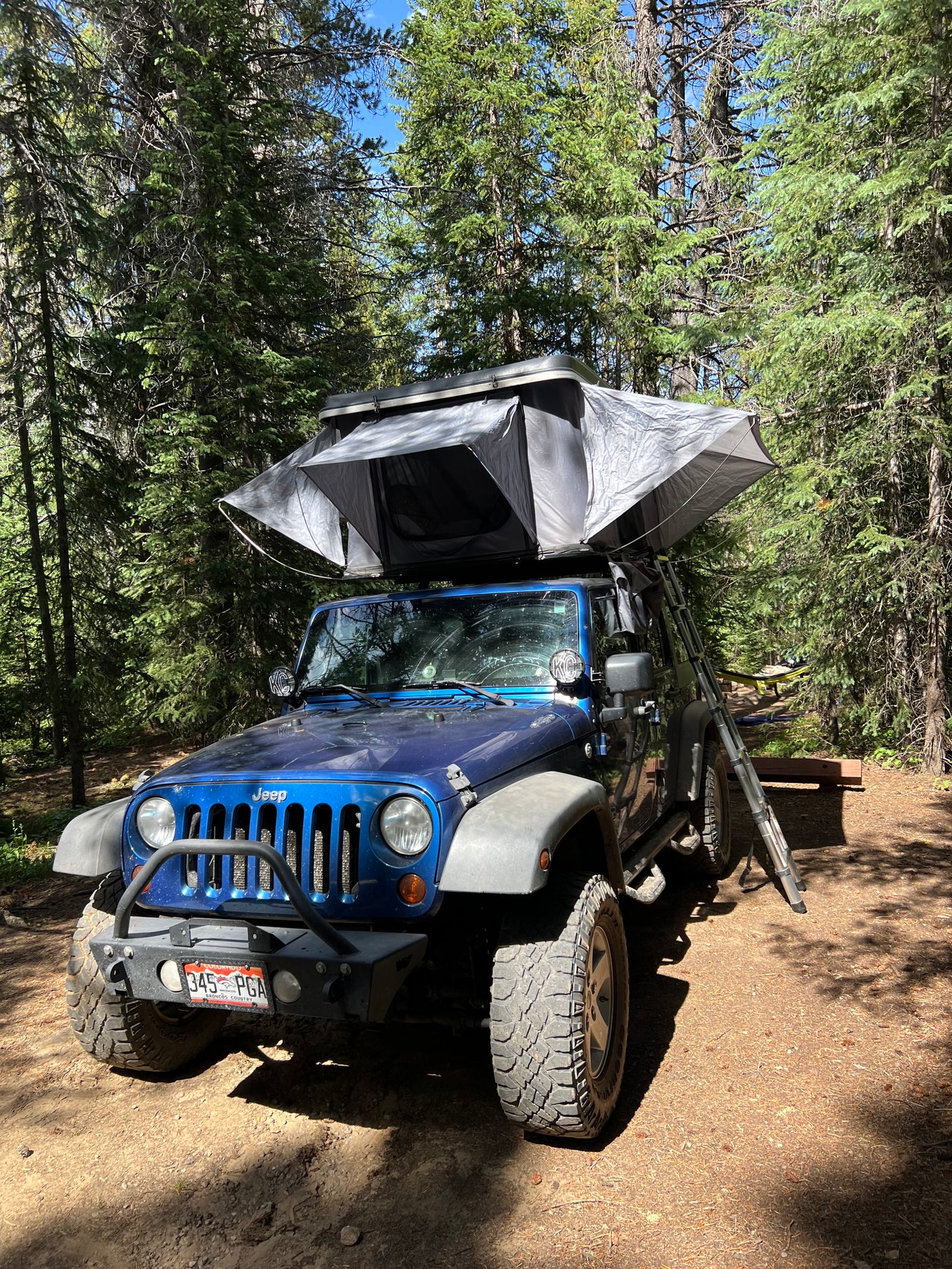 A blue Jeep Wrangler with an open rooftop tent parked in a sun-dappled forest campsite, perfect for an RV rental.